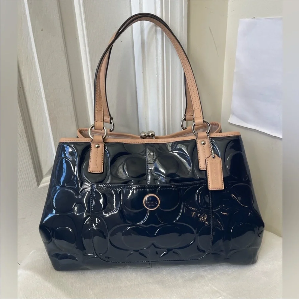 Coach Peyton Signature Embossed Blue Patent Leather Tote